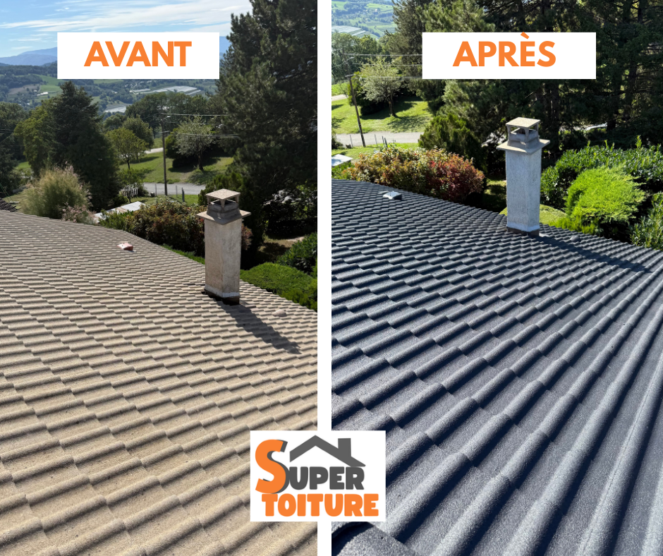 Avant / après démoussage d'une toiture en tuiles ciment